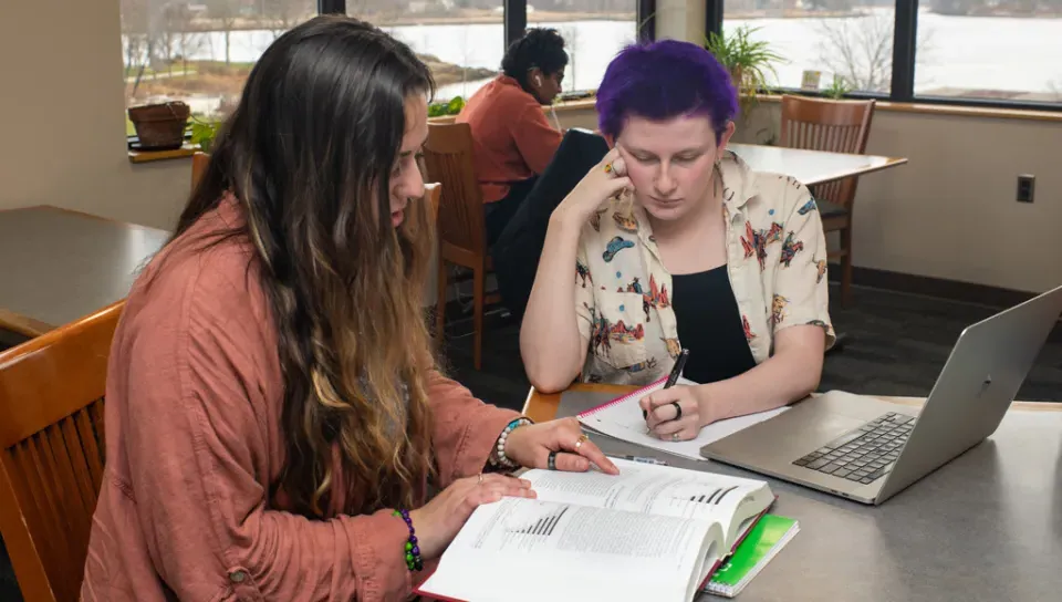 Two students review a mathematics book